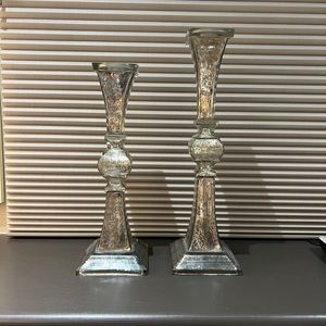 A Pair of Z Gallerie Vintage Silver Vendome Pillar Holder Candle Holder